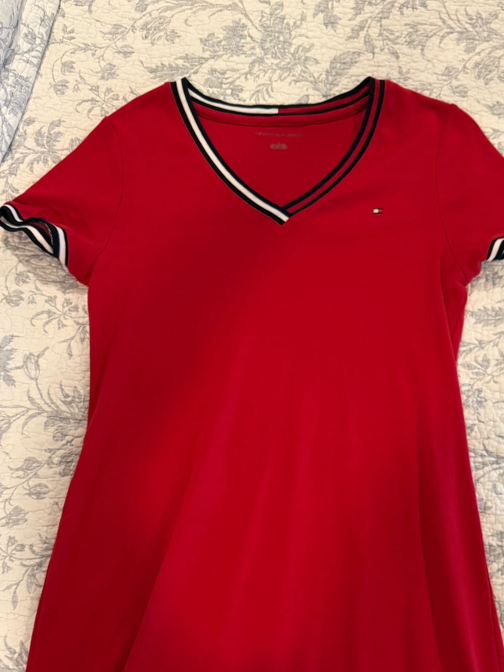 Tommy Hilfiger Red V-Neck Short Sleeve Tee with Contrast Trim